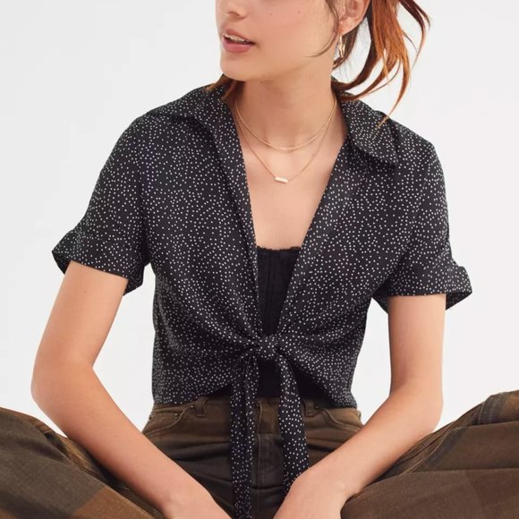 Urban Outfitters Tops - Urban Outfitters UO Tie-Front Short Sleeve Black Polka Dot Cropped Top